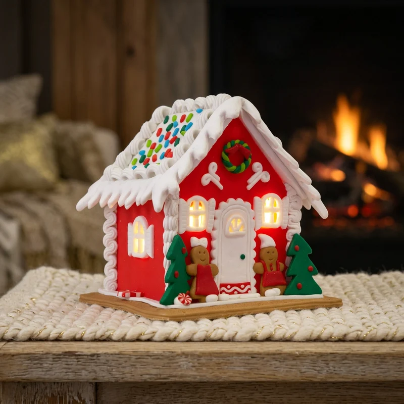 LED Lebkuchenhaus 13cm rot-weiß