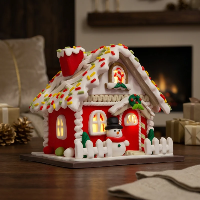 LED Lebkuchenhaus 13cm rot-weiß