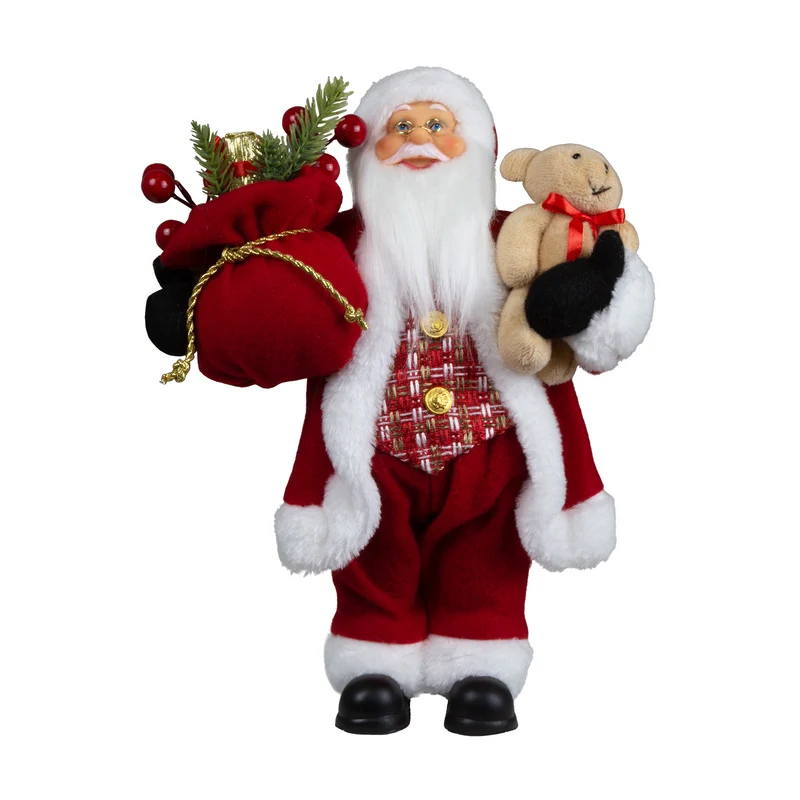 Weihnachtsmann 30cm Santa stehend mit Langem Mantel und Teddybär