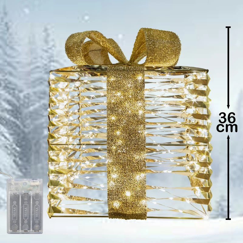LED Geschenkbox warmweiß - Farbe gold - Höhe 36cm – mit Timer