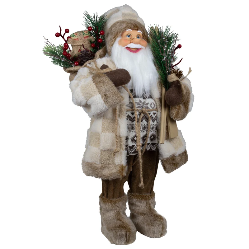 Weihnachtsmann im Winter-Look mit Ski und Beerenzweigen – 60 cm
