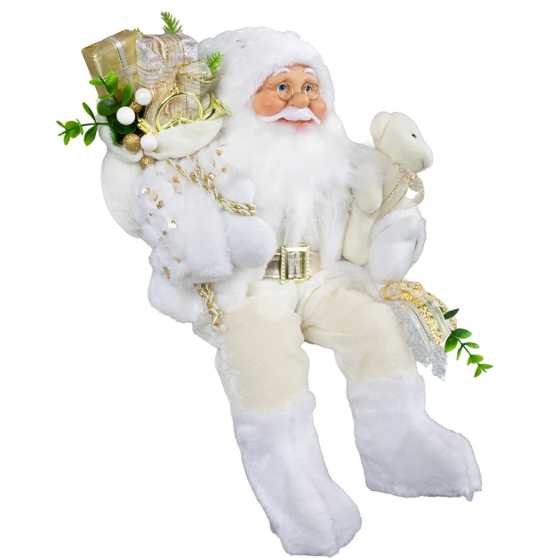 Weihnachtlicher Santa Kantenhocker 45 cm sitzend mit weißem langem Mantel