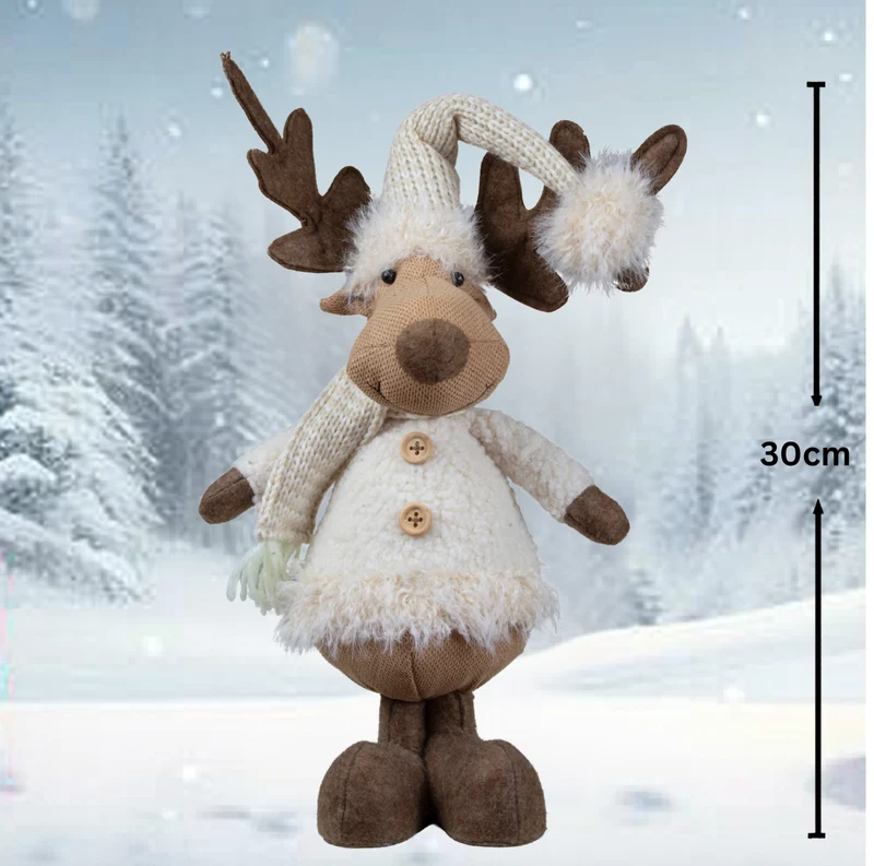Elch 30cm (46cm) stehend Dekofigur mir Bommermütze und Schal beige