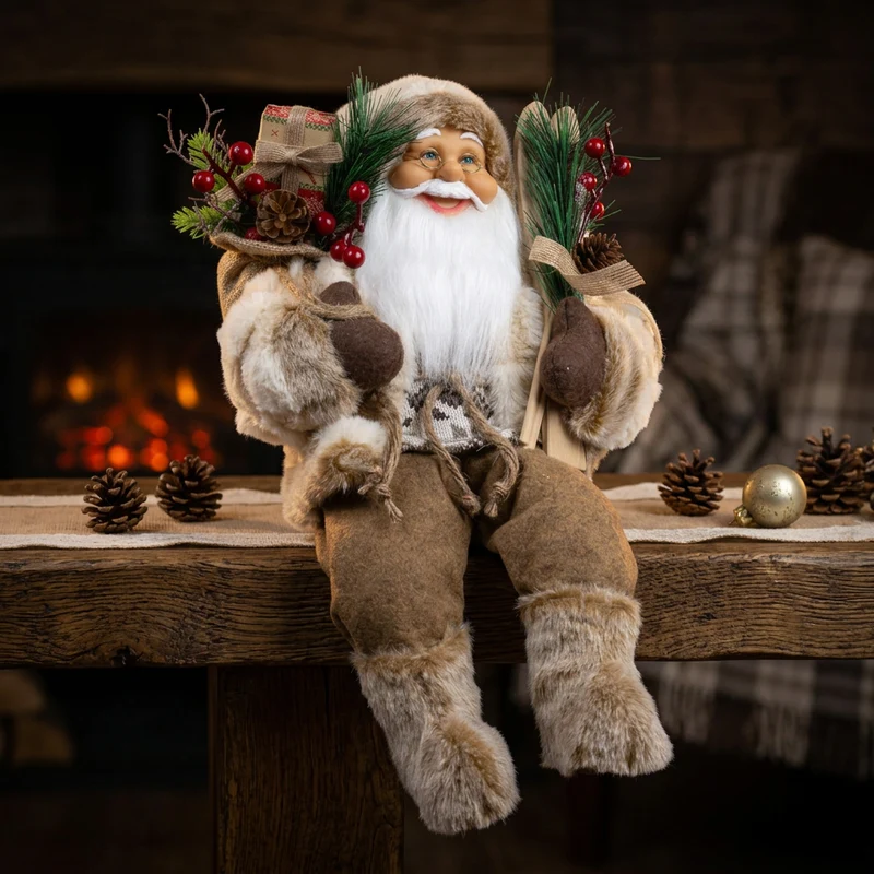 Weihnachtsmann 45 cm Santa mit braunem Mantel Kantenhocker