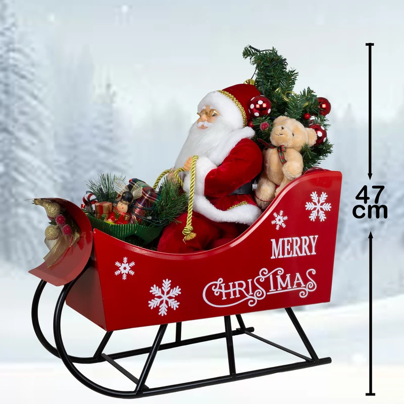LED Weihnachtsmann im Schlitten 45cm mit Geschenken & Teddy