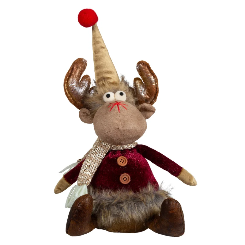Deko-Elch sitzend mit Zipfelmütze & Glitzer-Geweih 30cm