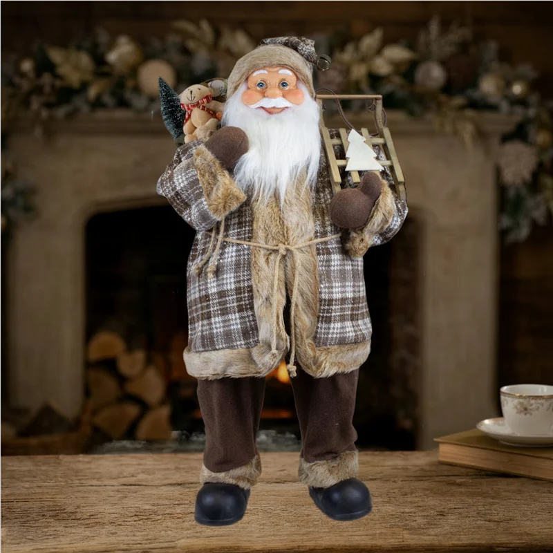 Weihnachtsmann 80 cm mit Holzschlitten Tannenbaum und Geschenkesack