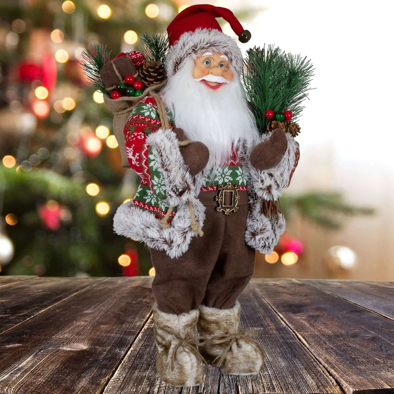 Weihnachtsmann 60 cm mit Tannenzweigen Zapfen und Wintermantel