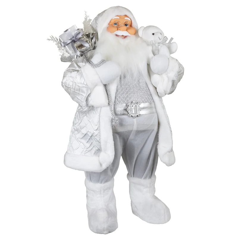 Weihnachtsmann 80 cm Weiß Silber mit Geschenksack und Plüschfigur
