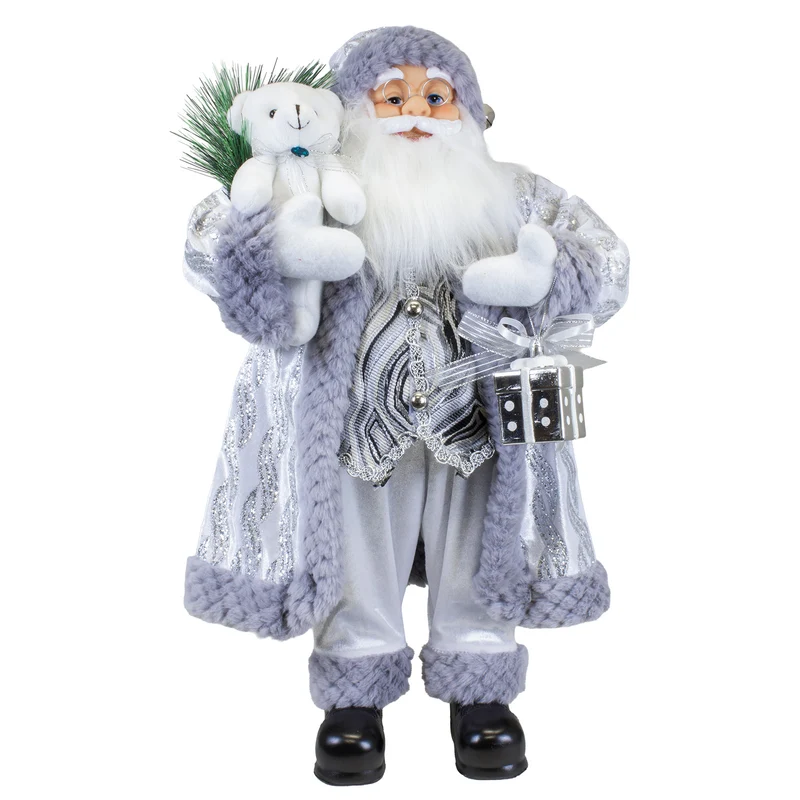 Weihnachtsmann Figur 60 cm – Stehender Santa in Silber mit Geschenk