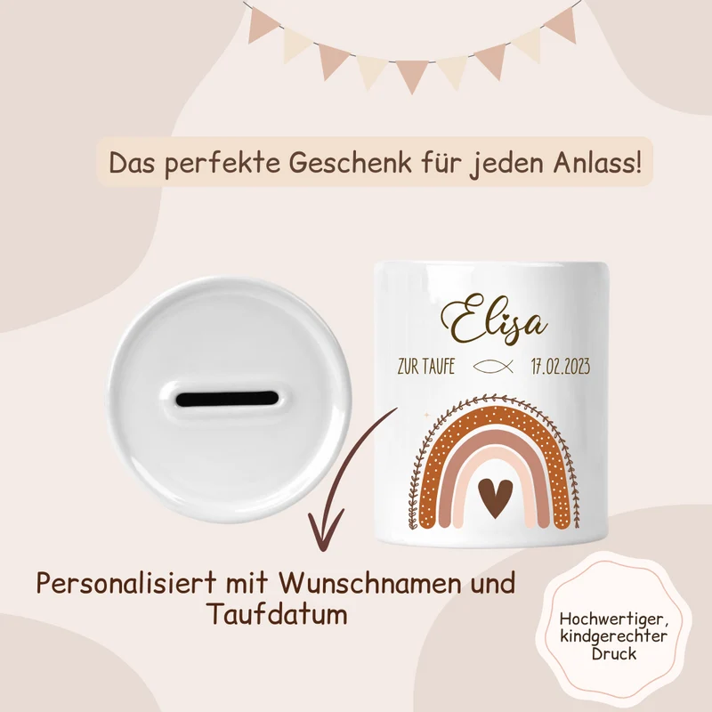 Spardose Keramik zur Taufe - Regenbogen