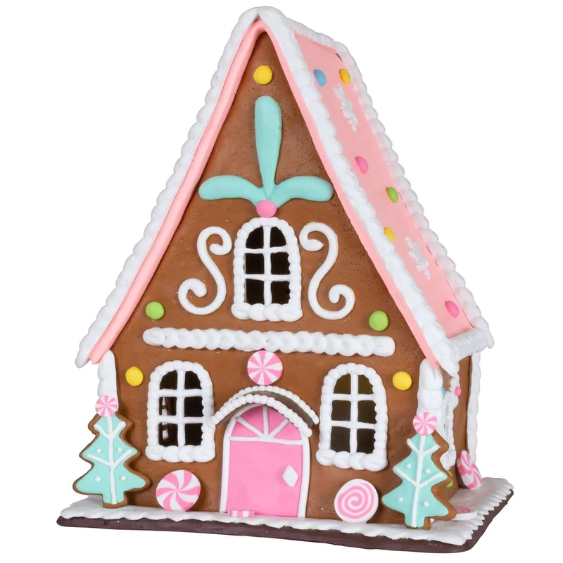 Lebkuchenhaus 23cm braun-rosa mit warmweißem LED-Licht und Timer