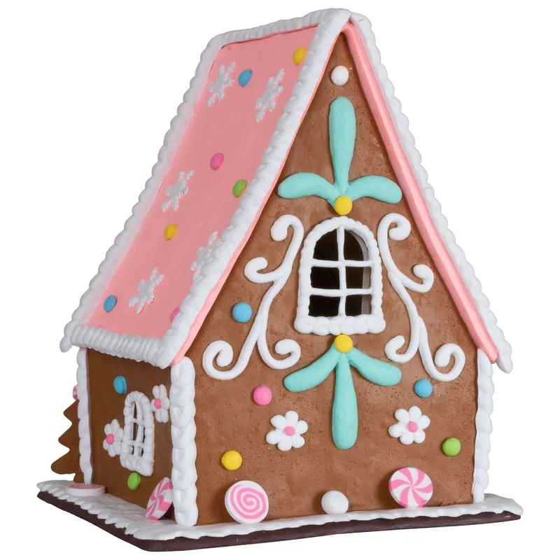 Lebkuchenhaus 23cm braun-rosa mit warmweißem LED-Licht und Timer