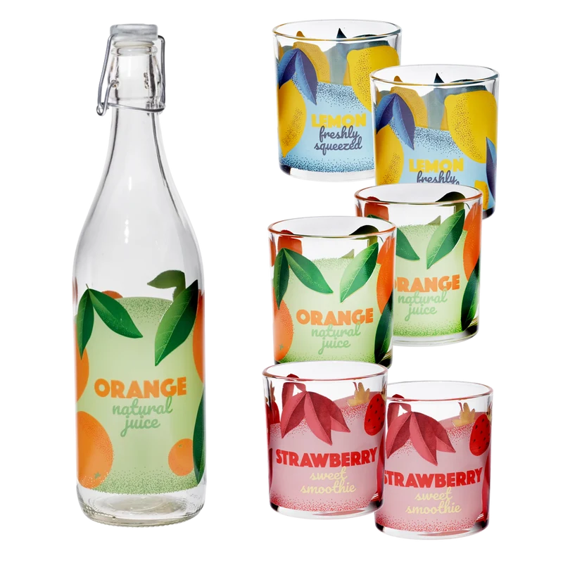 Trinkgläser Set 7 teilig, 6 Gläser + 1 Flasche mit Deckel + Geschenkverpackung