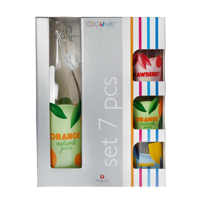 Trinkgläser Set 7 teilig, 6 Gläser + 1 Flasche mit Deckel + Geschenkverpackung