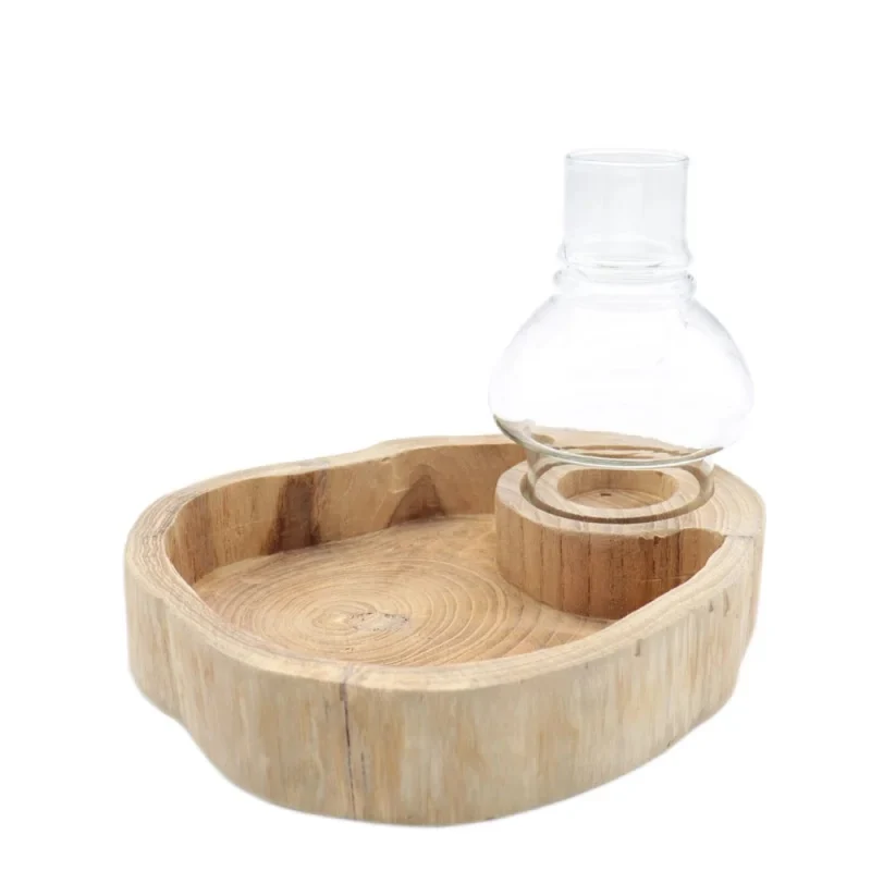 Schale und Teelichthalter aus Teakholz gebleicht mit Windlichtglas, Ø ca. 20 cm