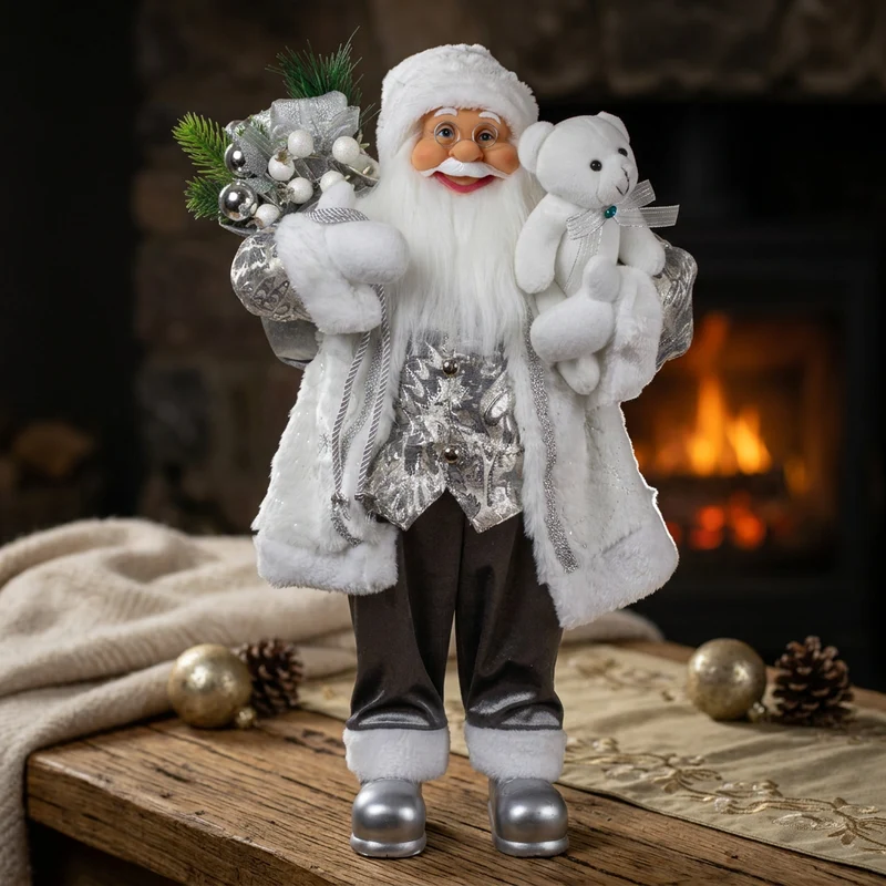 Weihnachtsmann 60 cm stehend mit Kurzem Mantel Teddybär & Geschenken