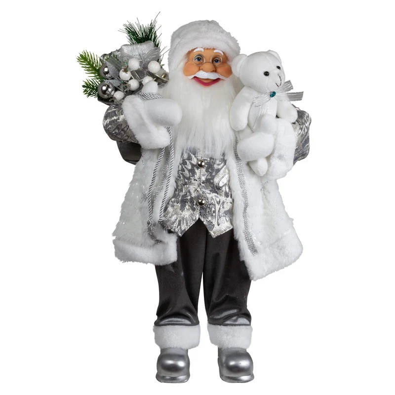 Weihnachtsmann 60 cm stehend mit Kurzem Mantel Teddybär & Geschenken