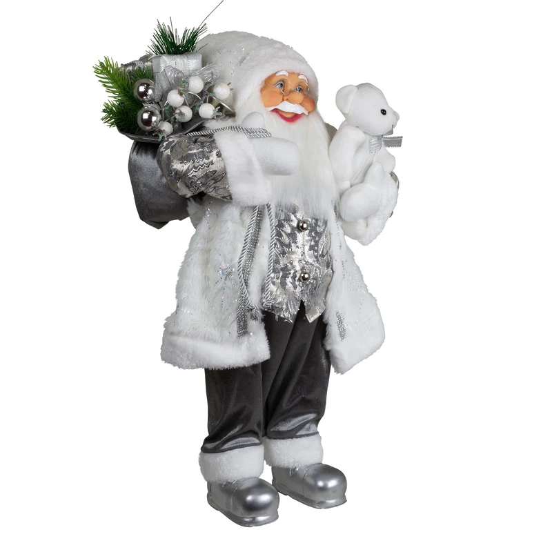 Weihnachtsmann 60 cm stehend mit Kurzem Mantel Teddybär & Geschenken