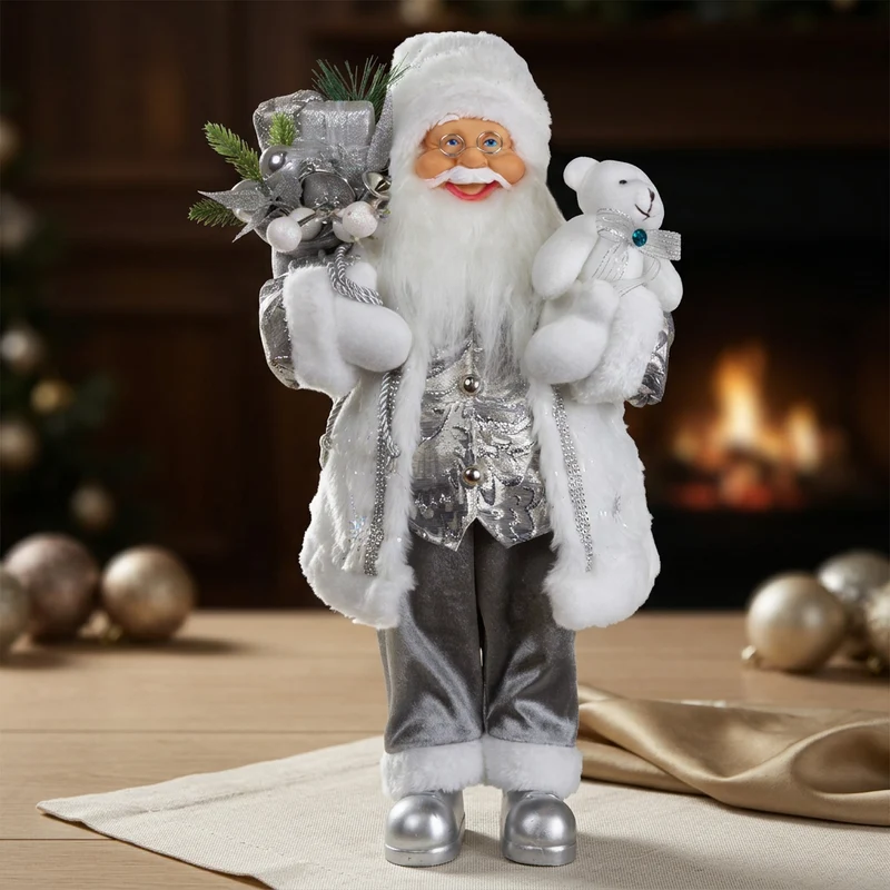 Weihnachtsmann 45 cm stehend mit Kurzem Mantel Teddybär & Geschenken