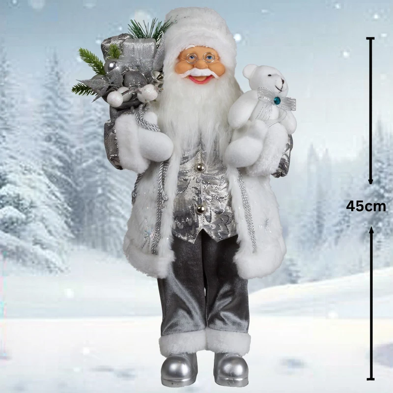 Weihnachtsmann 45 cm stehend mit Kurzem Mantel Teddybär & Geschenken
