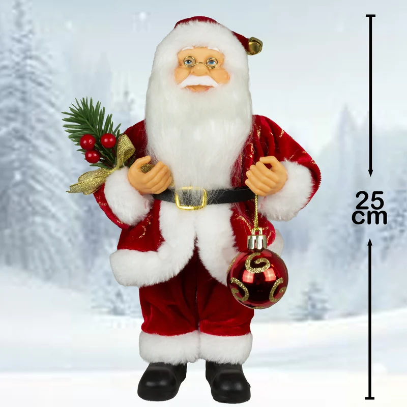 Weihnachtsmann stehend 25cm, Santa Claus Dekofigur rot mit Kugel und Tannenzweigen