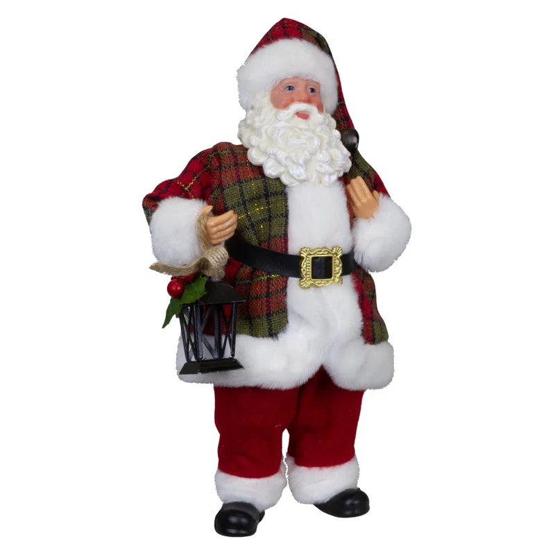 Weihnachtsmann Figur 23 cm Santa Claus stehend mit Laterne und kariertem Mantel