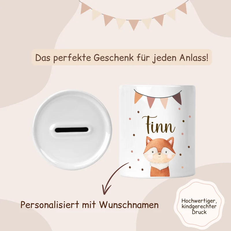 Spardose Keramik mit Tiermotiven, Grilande und buntem Pünktchen