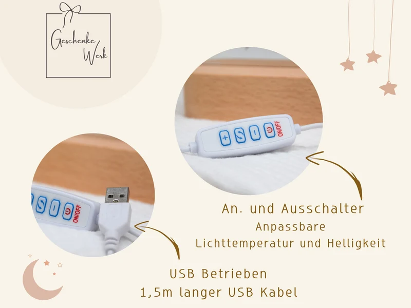 Nachtlicht mit Hasen und rosanem Regenbogen und Luftballon