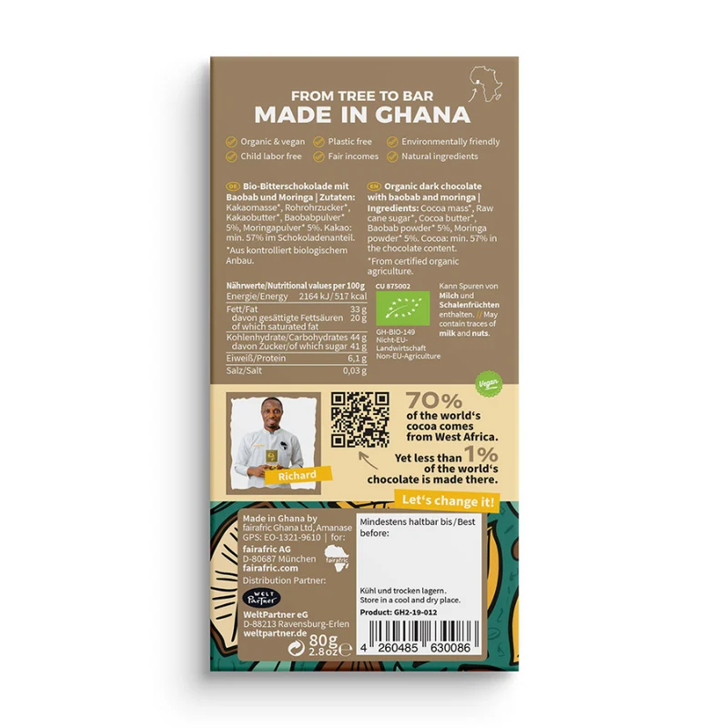 Zartbitter-Schokolade Baobab Moringa (57%)