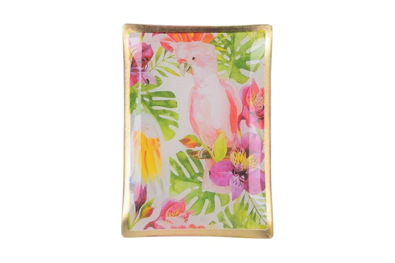 Glasteller Goldrand Papagei bunt Tropical 14x10cm
