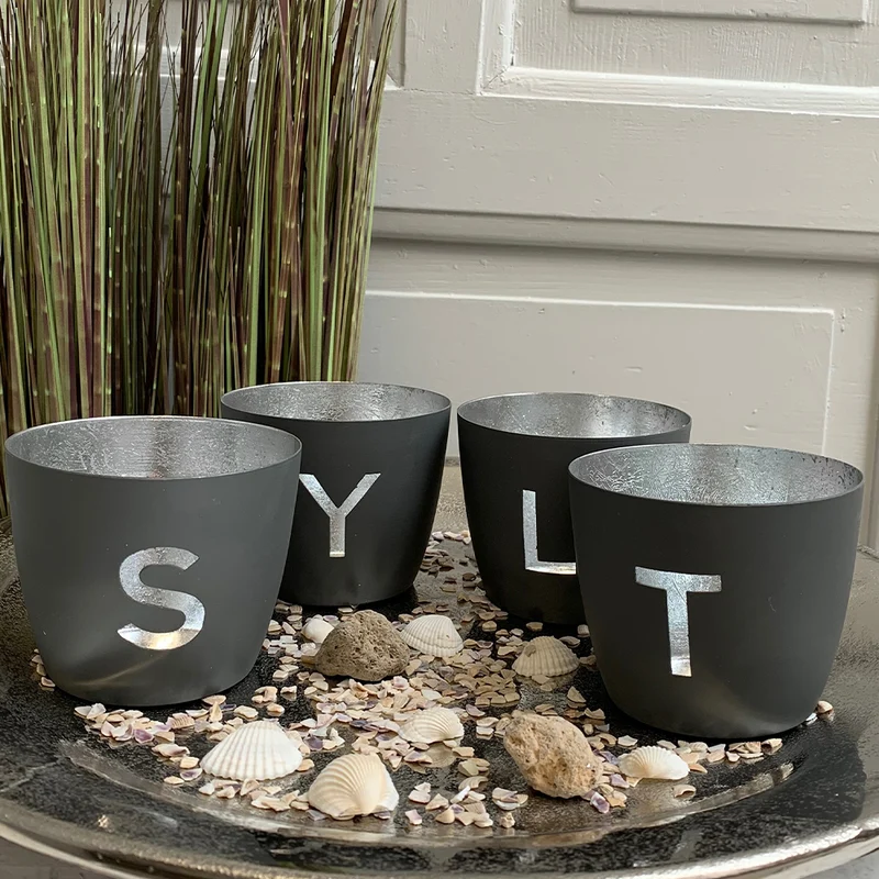 Windlicht im exklusiven Sylt Design 4er-Set dunkelgrau-silberfarben mittel
