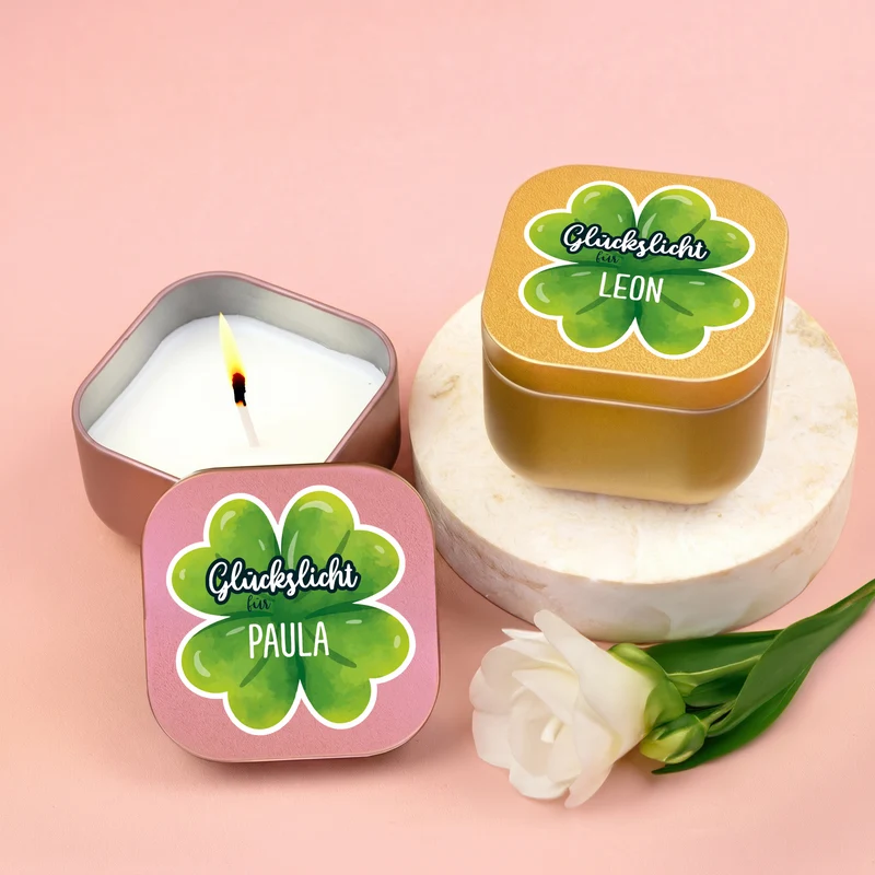 Glückslicht mit Name personalisiert | Mini Duftkerze mit Kleeblatt als Geschenk für Frauen & Männer