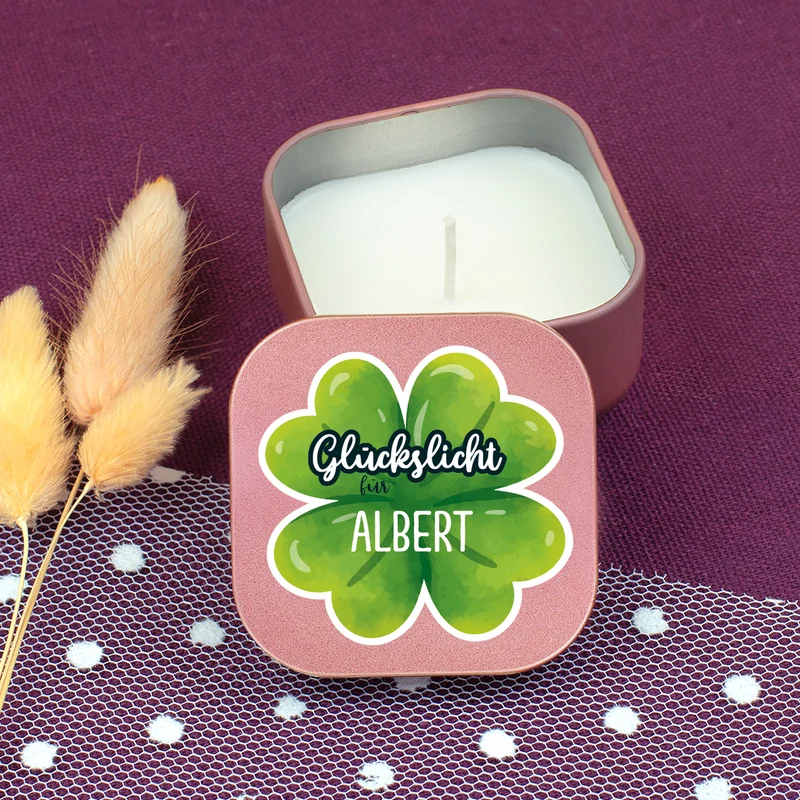 Glückslicht mit Name personalisiert | Mini Duftkerze mit Kleeblatt als Geschenk für Frauen & Männer