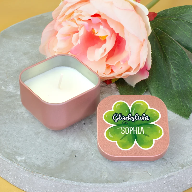 Glückslicht mit Name personalisiert | Mini Duftkerze mit Kleeblatt als Geschenk für Frauen & Männer