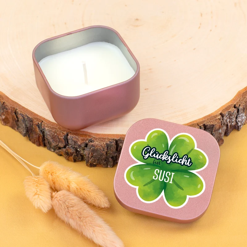 Glückslicht mit Name personalisiert | Mini Duftkerze mit Kleeblatt als Geschenk für Frauen & Männer