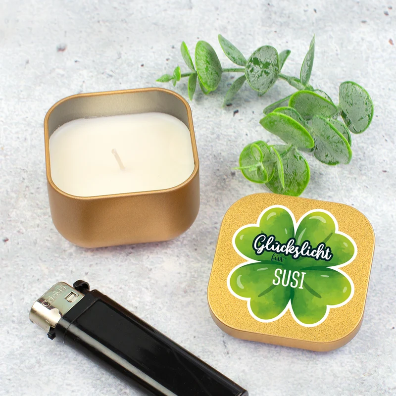 Glückslicht mit Name personalisiert | Mini Duftkerze mit Kleeblatt als Geschenk für Frauen & Männer