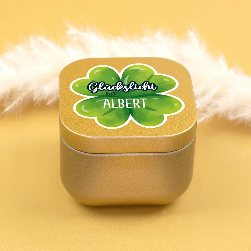 Glückslicht mit Name personalisiert | Mini Duftkerze mit Kleeblatt als Geschenk für Frauen & Männer