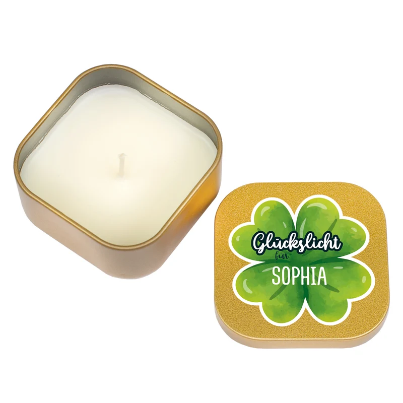 Glückslicht mit Name personalisiert | Mini Duftkerze mit Kleeblatt als Geschenk für Frauen & Männer