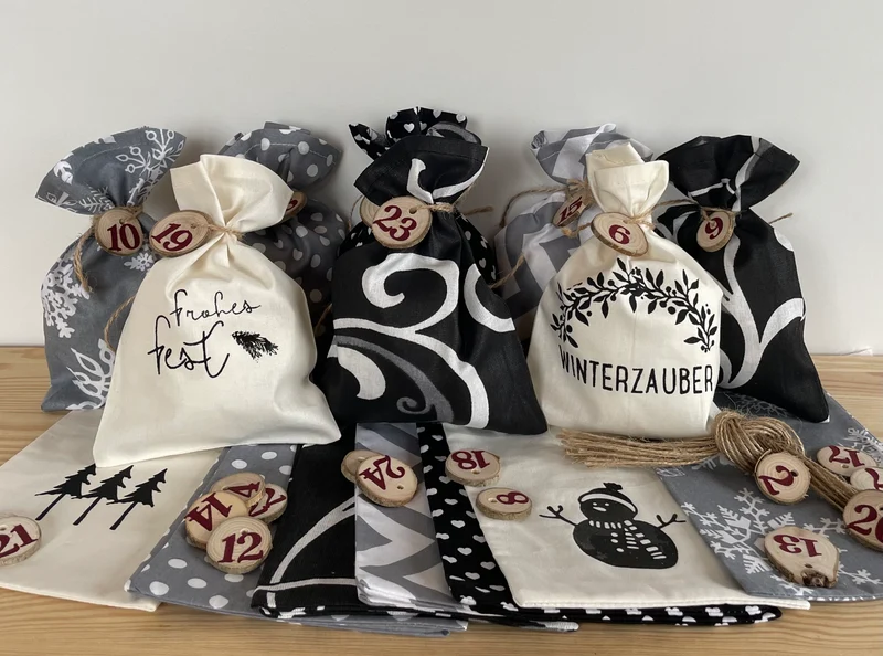 Adventskalender,Landhausstil Adventskalender zum Befüllen, 24 Säckchen zum Advent, schwarz/grau/creme