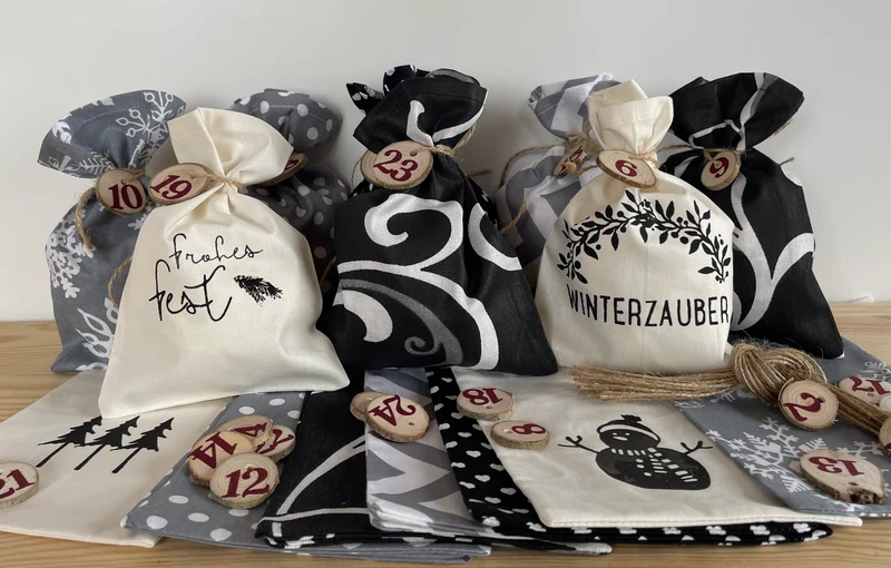 Adventskalender,Landhausstil Adventskalender zum Befüllen, 24 Säckchen zum Advent, schwarz/grau/creme