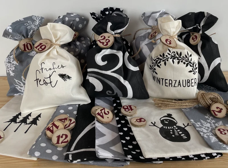 Adventskalender,Landhausstil Adventskalender zum Befüllen, 24 Säckchen zum Advent, schwarz/grau/creme
