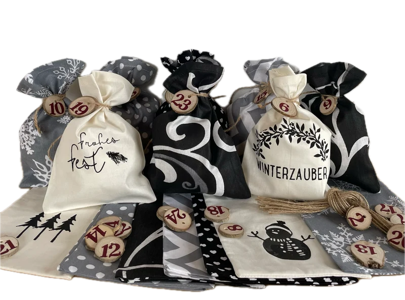 Adventskalender,Landhausstil Adventskalender zum Befüllen, 24 Säckchen zum Advent, schwarz/grau/creme