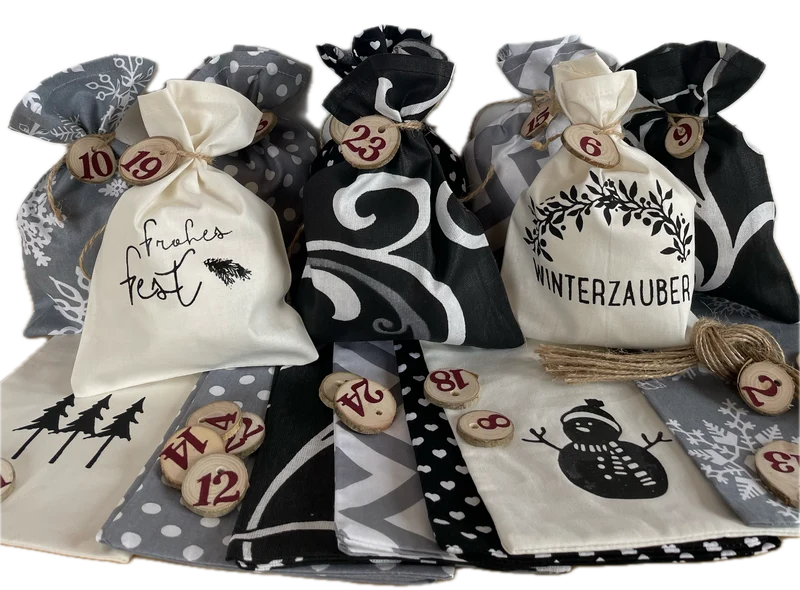 Adventskalender,Landhausstil Adventskalender zum Befüllen, 24 Säckchen zum Advent, schwarz/grau/creme