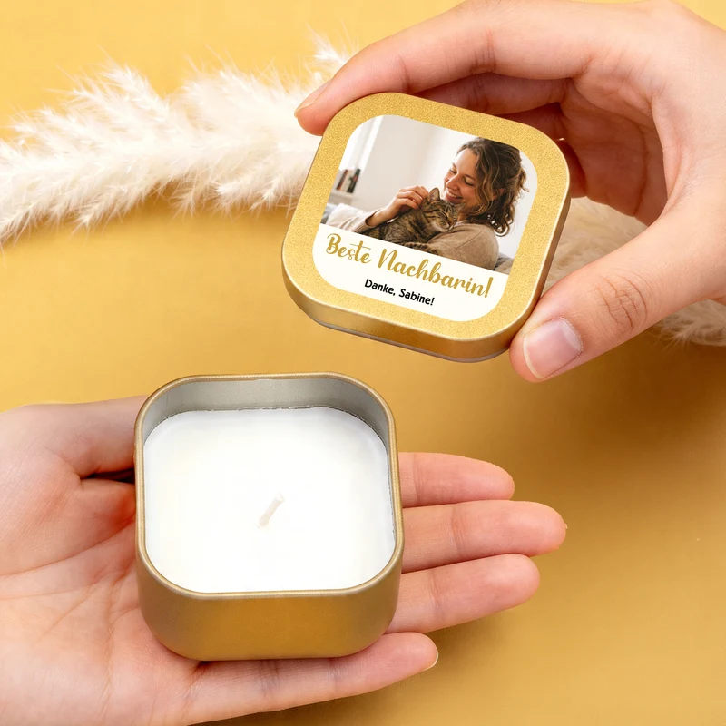 Mini Duftkerze mit Foto & Wunschtext | Kerze als Gastgeschenk & Deko für viele Anlässe mit Farbwahl