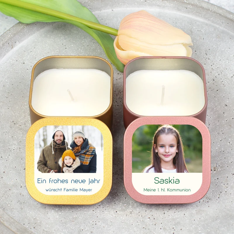 Mini Duftkerze mit Foto & Wunschtext | Kerze als Gastgeschenk & Deko für viele Anlässe mit Farbwahl
