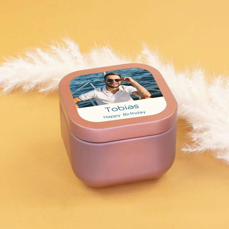 Mini Duftkerze mit Foto & Wunschtext | Kerze als Gastgeschenk & Deko für viele Anlässe mit Farbwahl