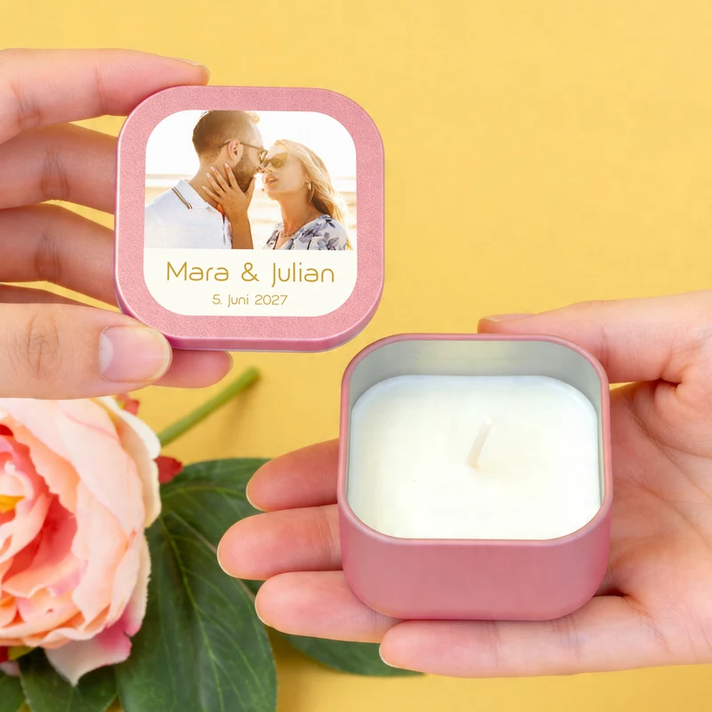 Mini Duftkerze mit Foto & Wunschtext | Kerze als Gastgeschenk & Deko für viele Anlässe mit Farbwahl