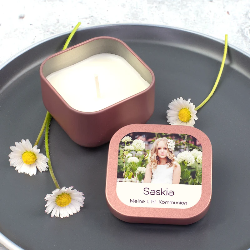 Mini Duftkerze mit Foto & Wunschtext | Kerze als Gastgeschenk & Deko für viele Anlässe mit Farbwahl