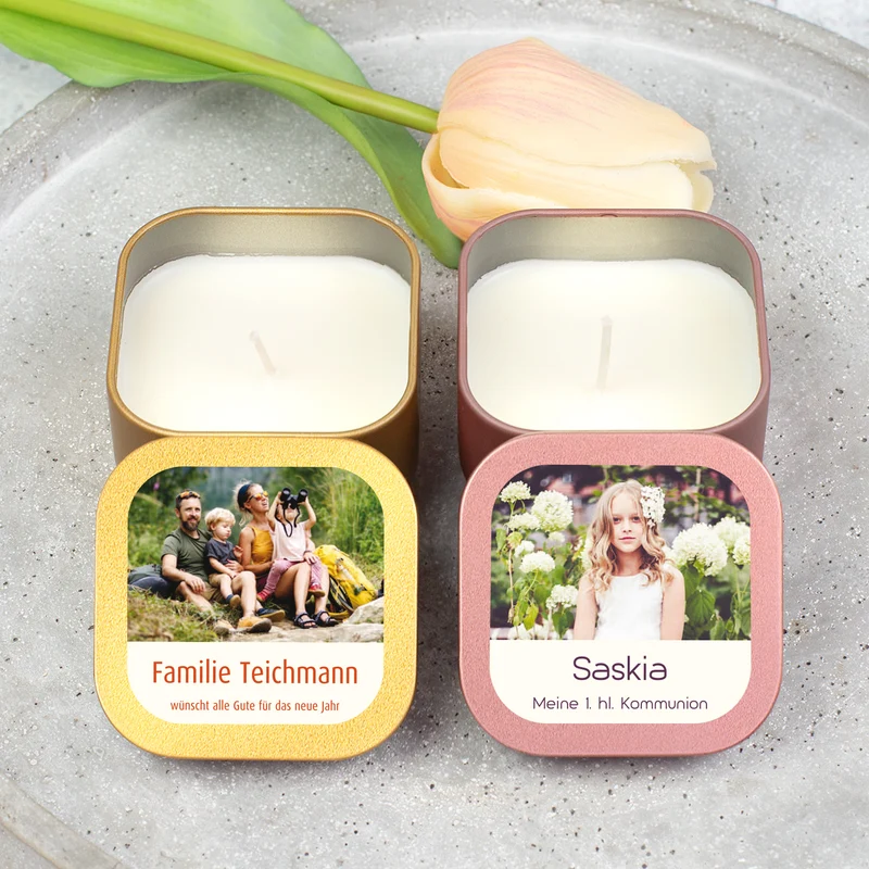 Mini Duftkerze mit Foto & Wunschtext | Kerze als Gastgeschenk & Deko für viele Anlässe mit Farbwahl
